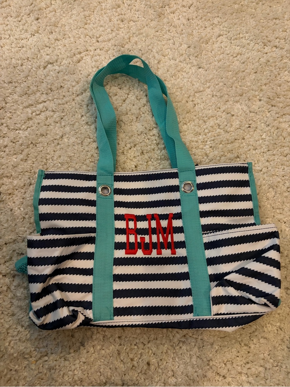 thirty-one Navy & White Striped Tote with Teal Handles and Red Monogram